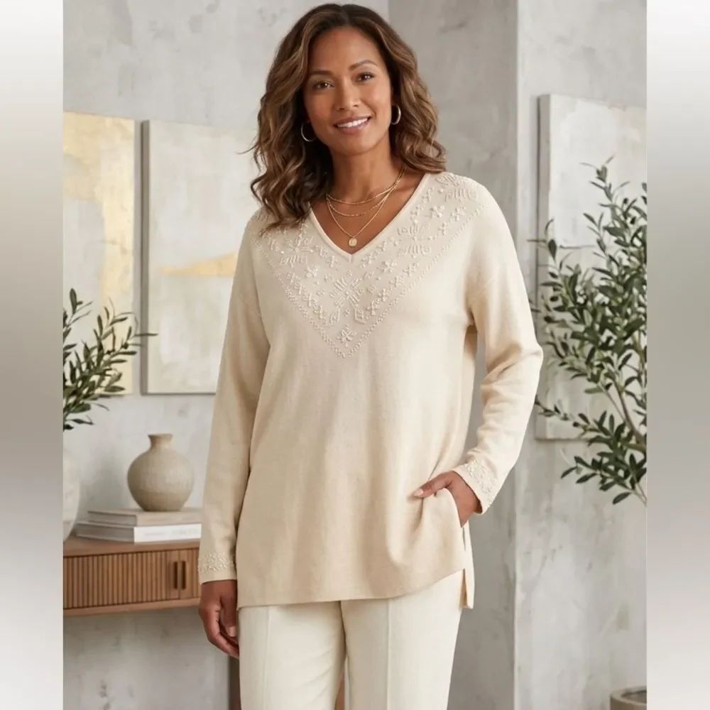 Take 50% OFF- Theomiles V-neck Embellished Sweater, Size-S